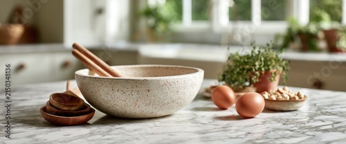 Rustic kitchen scene with a ceramic bowl, wooden spoons, and fresh eggs on a marble countertop.