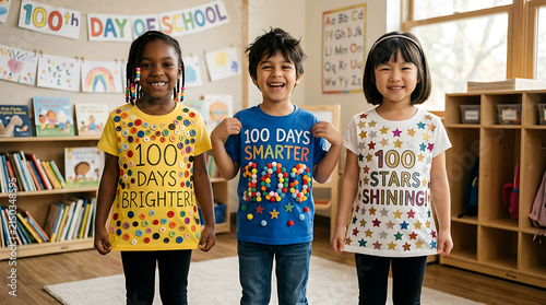 Three happy children standing together smiling at camera in classroom
