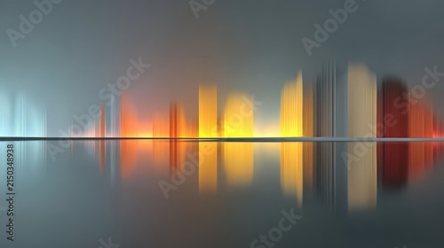 Abstract City Skyline Reflection With Glowing Warm Lights On Dark Gray Background Motion Blur Effect