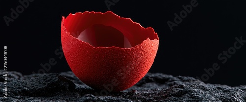 A cracked red eggshell rests on a dark, textured surface against a black background.