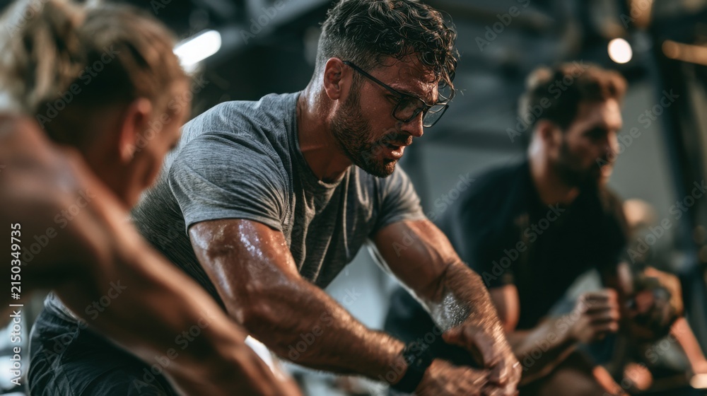 Obraz premium Athlete rests during a demanding indoor cycling class while wearing glasses and sweat-soaked athletic gear under the moody and atmospheric lighting of a modern fitness facility near city buildings.