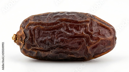 Close-up of a single dark brown pitted date fruit on a neutral background