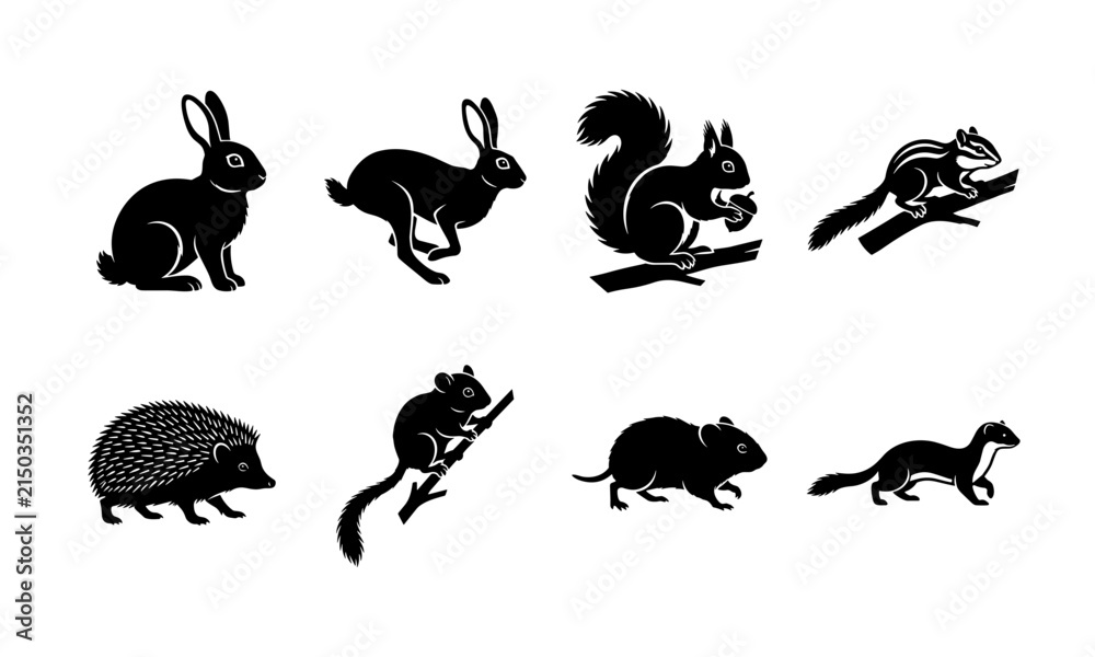 Fototapeta premium Collection of black silhouettes featuring various woodland animals and forest creatures