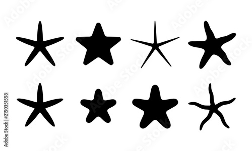 Set of various black starfish silhouettes isolated on white background