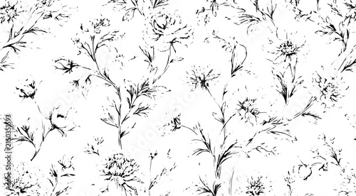 Abstract Grunge Floral Texture, Vintage Botanical Background with Distressed Flowers, Grain and Worn Effect