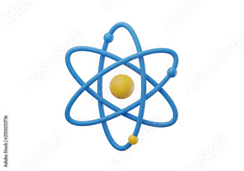 3d render of a blue atom icon with a yellow nucleus and small orbiting electrons isolated on transparent background
