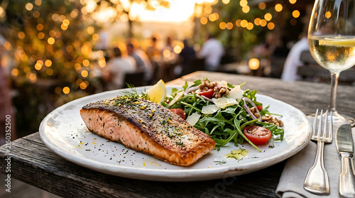 Delicious grilled salmon fillet with green pesto served on white plate during festive holiday celebration