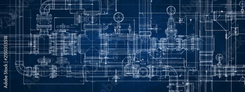 Detailed Blueprint of an Interconnected Piping System with Valves and Instruments on a Technical Background