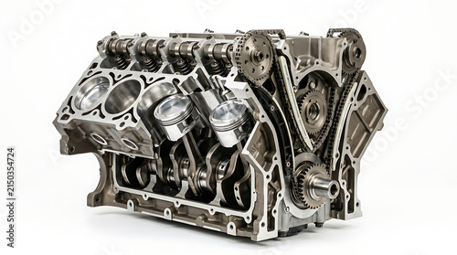 Close-up view of powerful silver engine block with detailed mechanical parts
