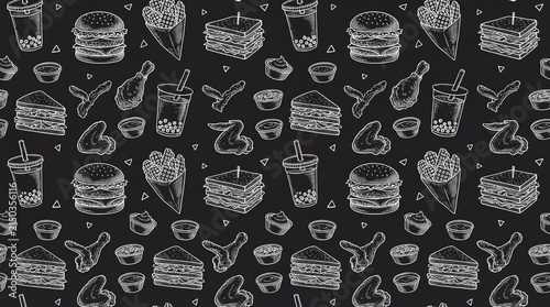 A repeating pattern of vintage-style, hand-drawn fast food illustrations on a black background.