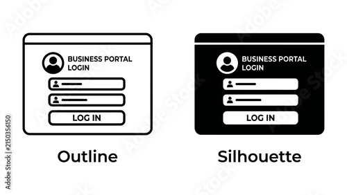 Business Portal Login: An outline and silhouette graphic displaying a typical login screen for a business portal, featuring fields for username and password, along with a Log In button.