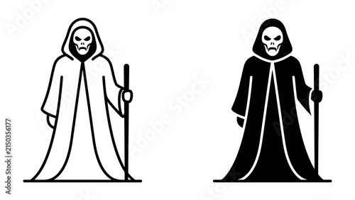 Grim Reaper Icon Set: Two stylized illustrations depict the Grim Reaper, one in black and white outline and the other in solid black, each holding a staff, symbolizing mortality and the unknown.