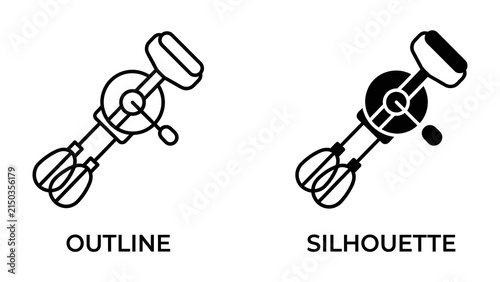 Hand Mixer Icon: A clear outline and a solid silhouette icon representing a hand mixer, perfect for culinary websites or recipe apps.