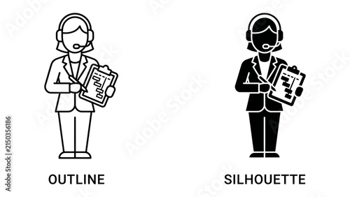 Customer Service Icon Set: A graphic representation of a customer service representative, shown in both outline and silhouette styles, holding a clipboard and wearing a headset.