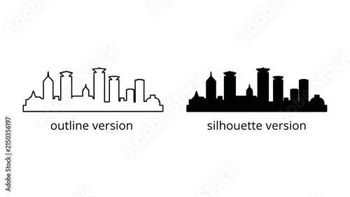 Cityscape Outline and Silhouette: A graphic representation of a modern cityscape presented in two distinct styles: a clean outline and a solid silhouette.