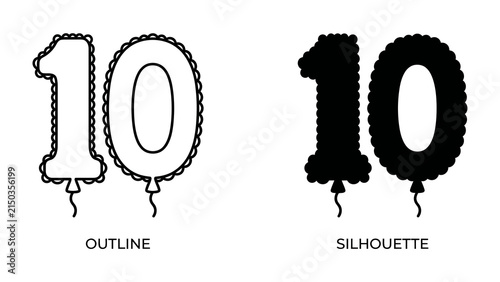 Number 10 Balloon Icons: A graphic representation of the number 10 formed by balloon outlines and silhouettes, ideal for celebratory designs.