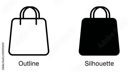 Shopping Bag Icon: A simple graphic representation of a shopping bag, presented as both an outline and a solid silhouette, symbolizing commerce and retail.
