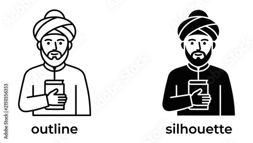 Muslim Man Icon: A silhouette and outline icon of a Muslim man wearing a turban and holding a cup, representing culture and tradition.