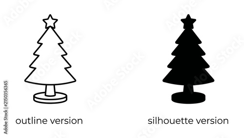 Christmas Tree Icon: Two stylized Christmas tree icons, one in outline and the other in silhouette, representing festive holiday themes.