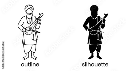Sikh Musician Icon: A line art and silhouette representation of a Sikh musician playing a traditional stringed instrument, symbolizing cultural heritage and musical expression.