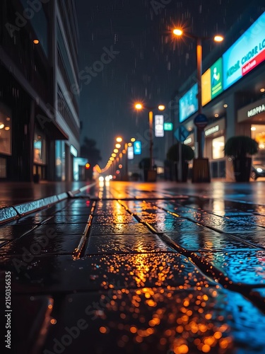 Luxurious wet pavement glistens with raindrops on a drizzly night, rainy night, gloomy