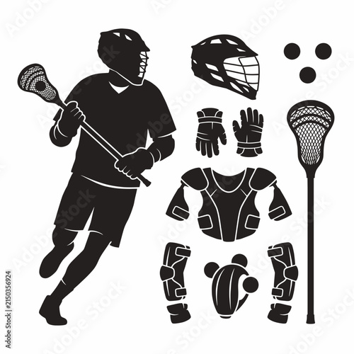 Dynamic lacrosse player with protective gear and equipment set illustrated in bold black and white vector style