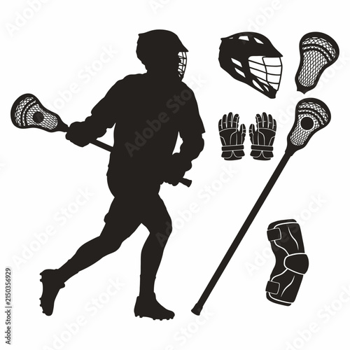 Dynamic lacrosse player silhouette with protective gear and equipment set including helmet, gloves, and sticks in black and white vector style