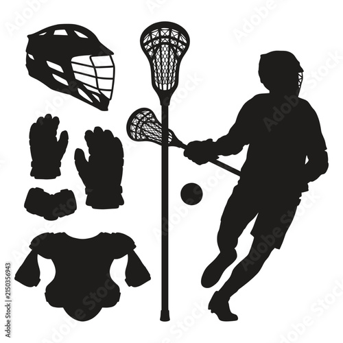 Dynamic lacrosse player silhouette set with protective gear, lacrosse stick, and ball in action pose, perfect for sports and athletic design projects