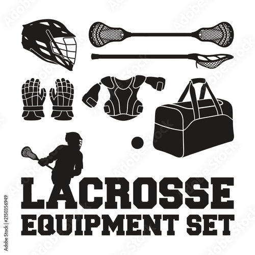 Complete lacrosse equipment set illustration featuring protective gear, lacrosse sticks, ball, and duffel bag for sports enthusiasts and teams