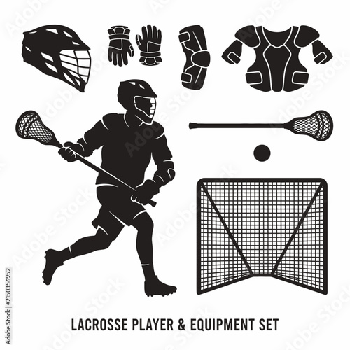 Dynamic lacrosse player in action with full equipment set illustrated in bold black and white vector style