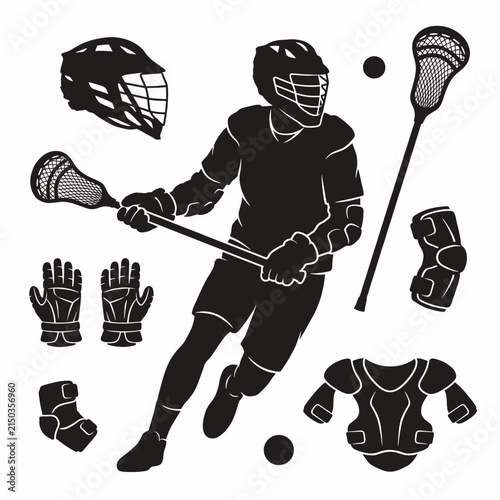 Dynamic lacrosse player in action with protective gear and equipment, ready for intense sports gameplay