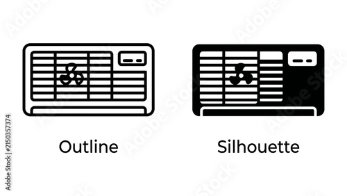 Air Conditioner Outline and Silhouette: Two stylized representations of an air conditioning unit, one as a clear outline and the other as a solid silhouette.