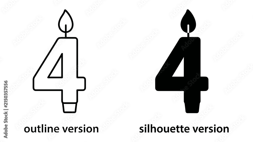 Fototapeta premium Birthday Candle Number Four: Two stylized birthday candles shaped as the number '4', one in an outline version and the other a silhouette, both with a lit flame.