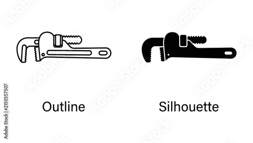 Pipe Wrench Outline and Silhouette: A clear comparison showcasing a pipe wrench in both outline and silhouette forms, ideal for technical or design use.