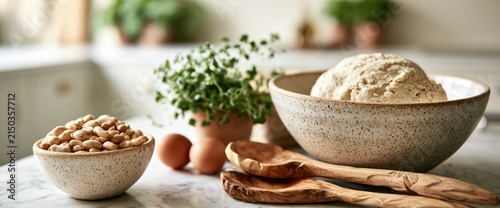 Rustic kitchen scene with ingredients for baking, including a bowl of nuts, dough, and wooden spoons.