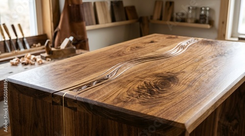 Handcrafted Wooden Table with Unique Inlay Design, Woodworking Workshop