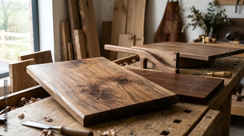 Handcrafted wooden boards on workbench with tools and sawdust in workshop