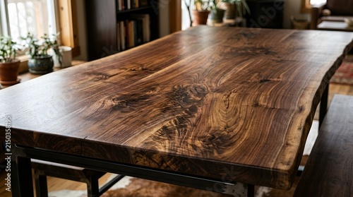 Live Edge Walnut Dining Table with Metal Base, Rustic Home Interior Decor