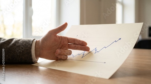 A professional businessman pointing at a rising growth chart on a paper.