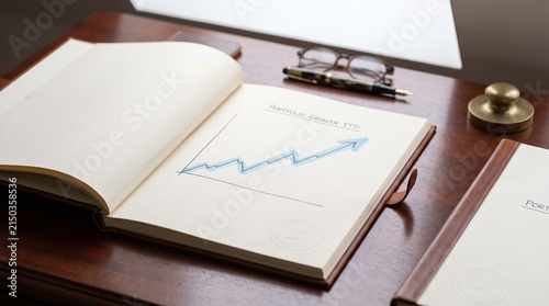 Open book with a hand drawn upward trend graph on a wooden desk.