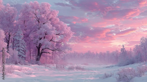 Dreamy Winter Landscape with Frozen Trees Covered in Pink Sunset Glow and Soft Morning Mist