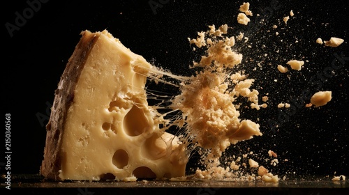 Explosion of Swiss Cheese with Holes and Crumbs Flying.