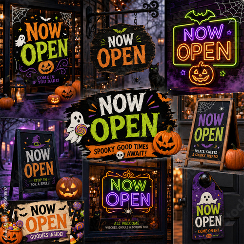 Halloween now open sign collection with glowing pumpkins ghosts bats candy and spooky decorative lettering in vibrant orange purple and green styles for seasonal shop promotions and event advertising
