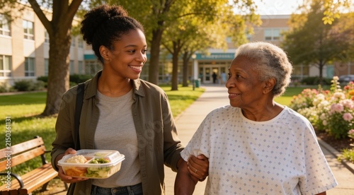 Young granddaughter visiting elderly patient with a basket of food while strolling through hospital park.