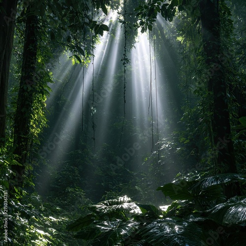 Sunbeams piercing through lush green jungle canopy creating ethereal light rays.