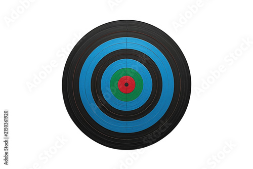 Blue black and green archery target with red bullseye