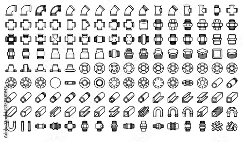 Photography Industrial Steel Pipe Tube Threaded Fittings Black Outline Vector Collection