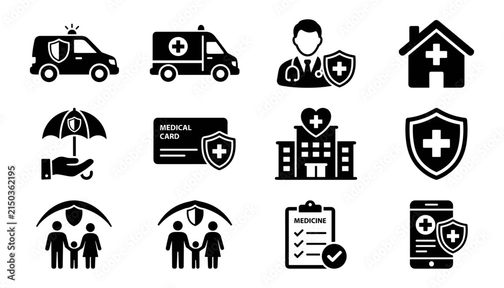 Fototapeta premium Medical and Healthcare Icons Set Including Ambulance, Hospital, Protection, Family, Medicine, and Insurance Concepts