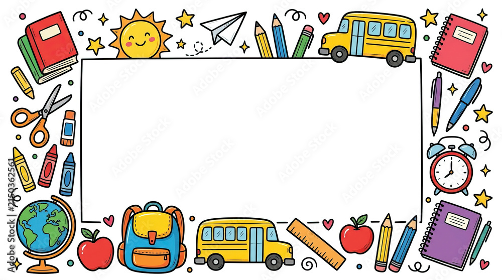 Naklejka premium Back to school supplies frame with yellow school bus globe backpack apple notebook pencil pen scissors and sun illustration for education design