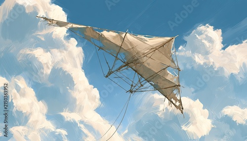 Vintage Airship Soaring Through Fluffy Clouds in a Blue Sky.